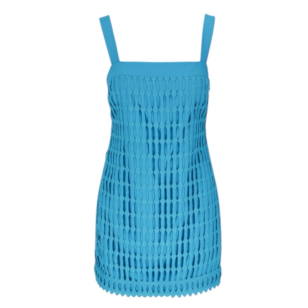 Jonathan Simkhai Artemis Laguna Teal Crochet Shift Dress Mesh Sleeveless Mini 2